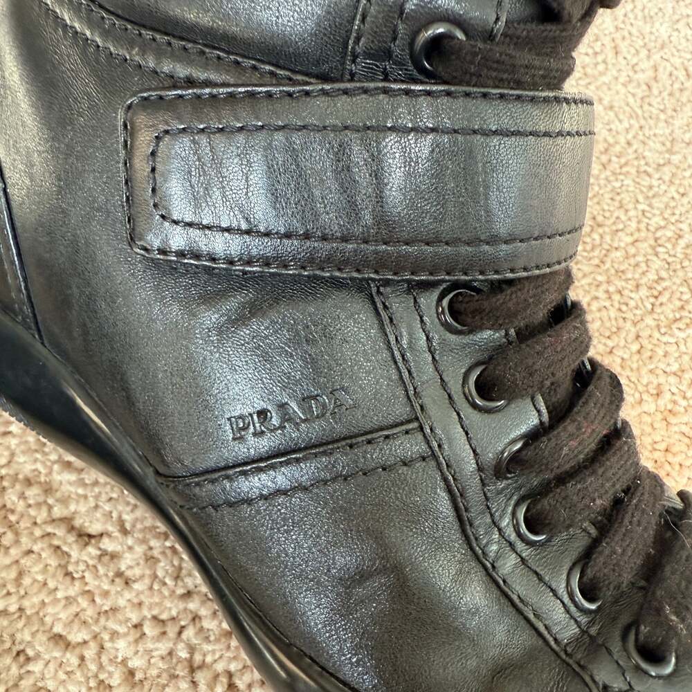 PRADA High-Top Black Soft Leather Sneakers Women’s Size 7 - Picture 10 of 10